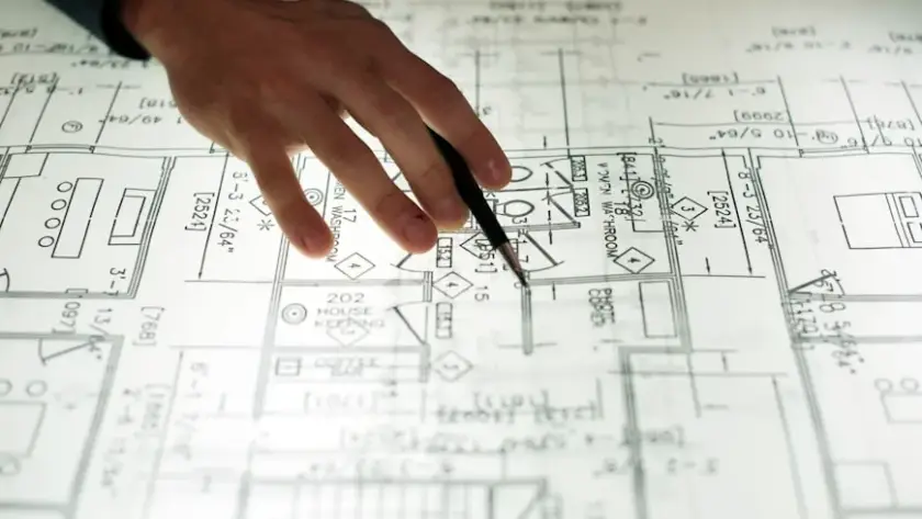 Architectural firms. Close up of hands working on layout