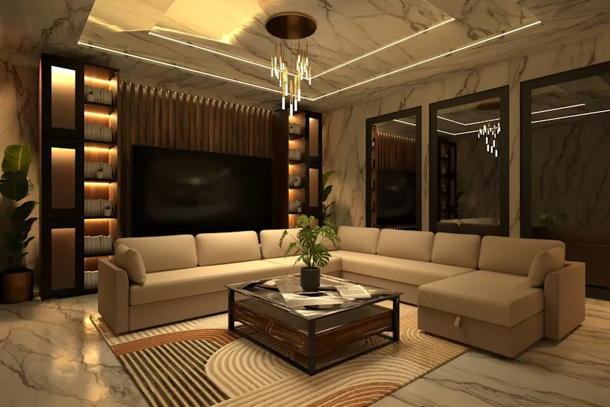 Luxurious living room with stylish decorations and furniture.
