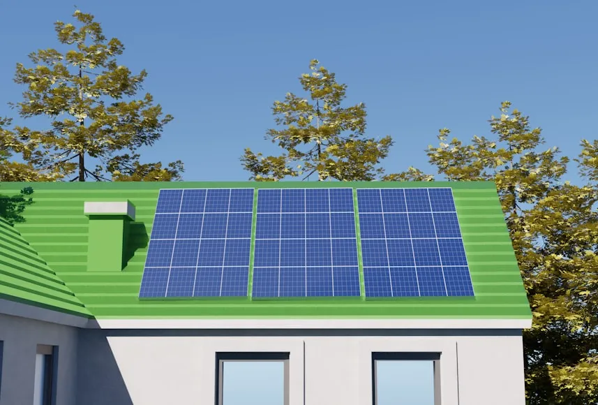 a house with a green roof and a solar panel on the roof. 
