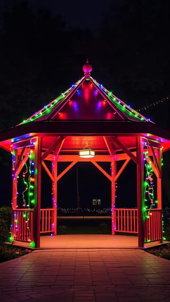 Christmas outdoor lighting structures on a festive gazebo.
